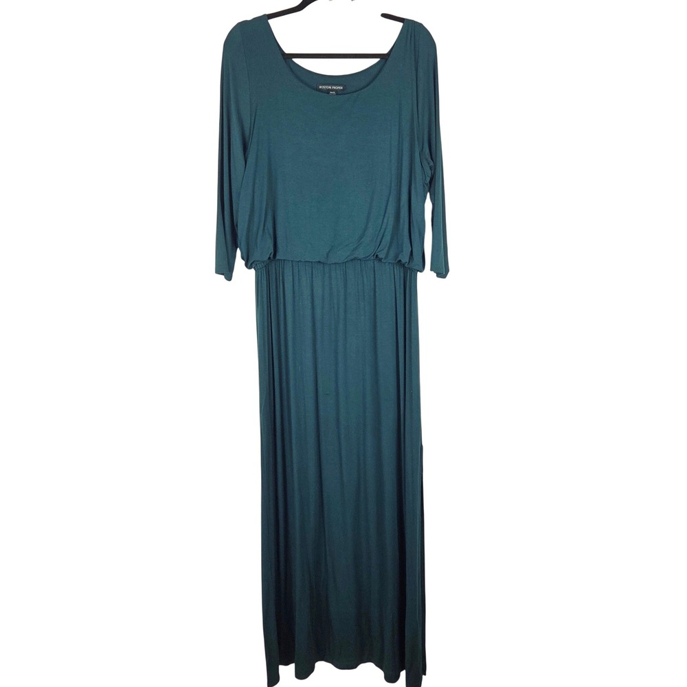 Boston Proper XL Hunter Green Maxi Dress 3/4 Sleeve Side Slit Stretch Casual‎